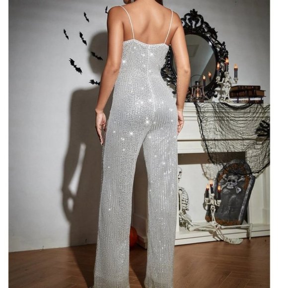 sequin Draped cowl Neck Cami Jumpsuit Silver - Picture 6 of 6